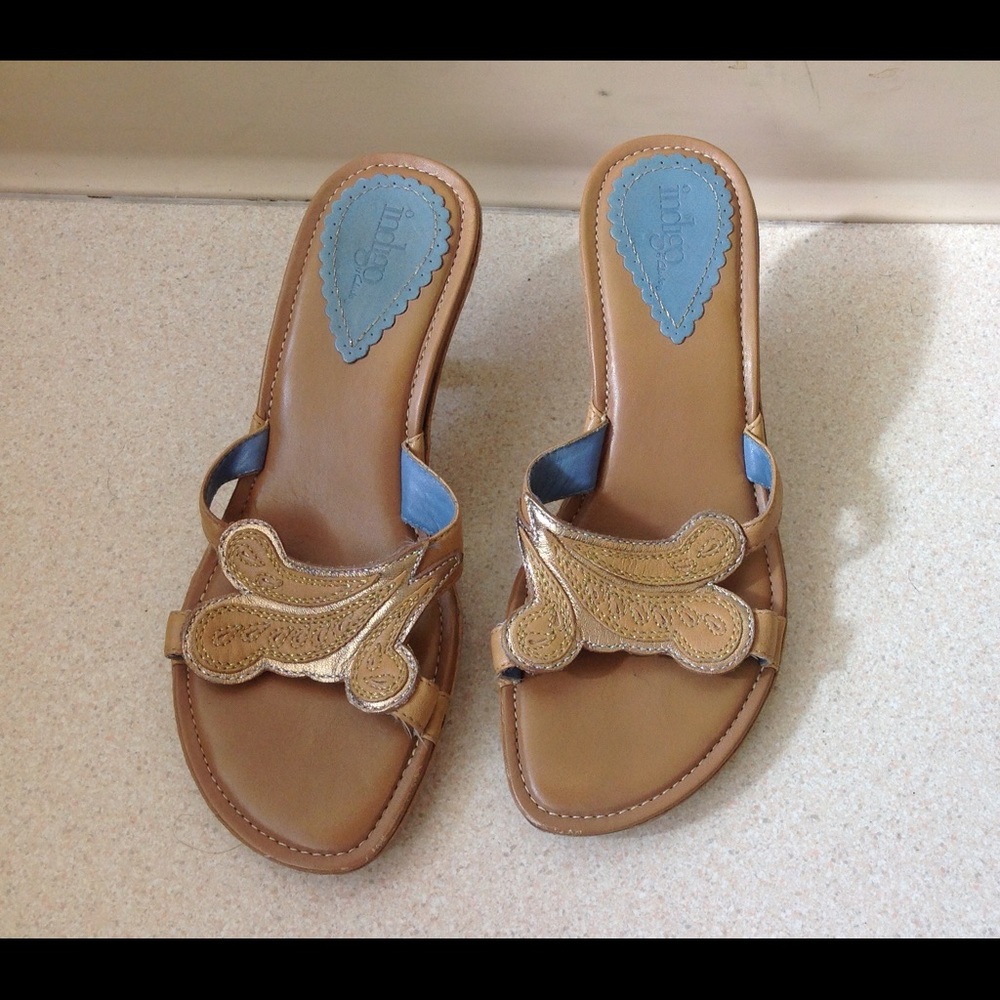 Clarke Gold Leather Sandals Indigo Gold Wedge